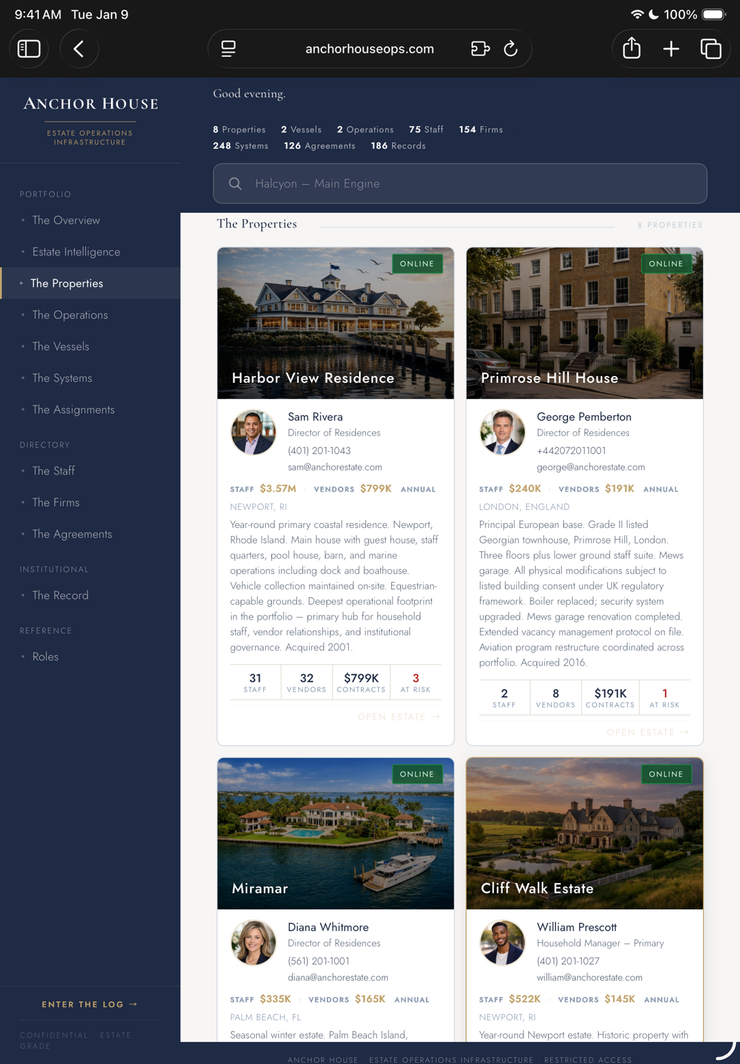 The Anchor House estate overview on iPad – eight properties, two vessels and two operations, held in one record.