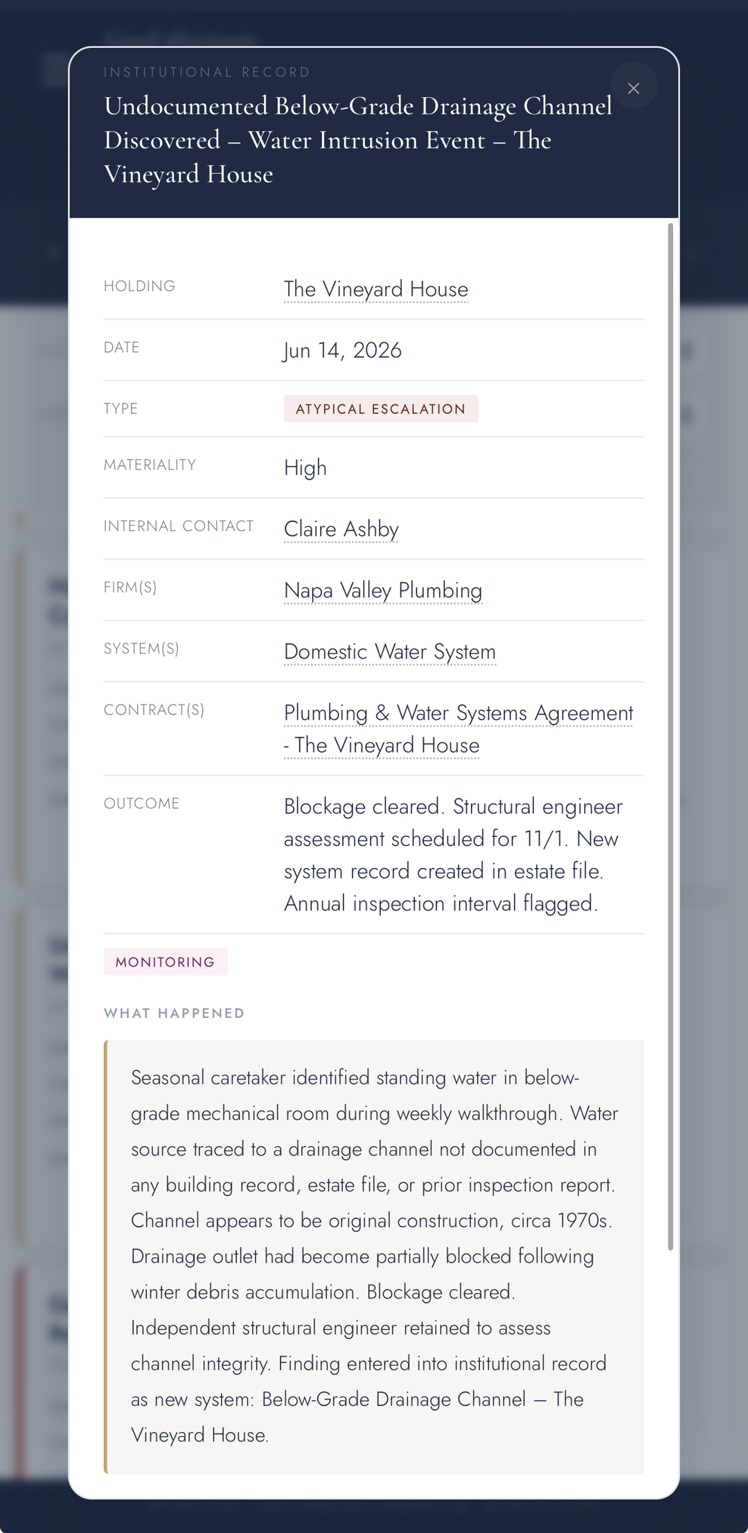 The complete Institutional Record for the undocumented below-grade drainage channel at The Vineyard House, including its holding, date, type, materiality, contact, firm, system, outcome, agreement, status and event narrative.