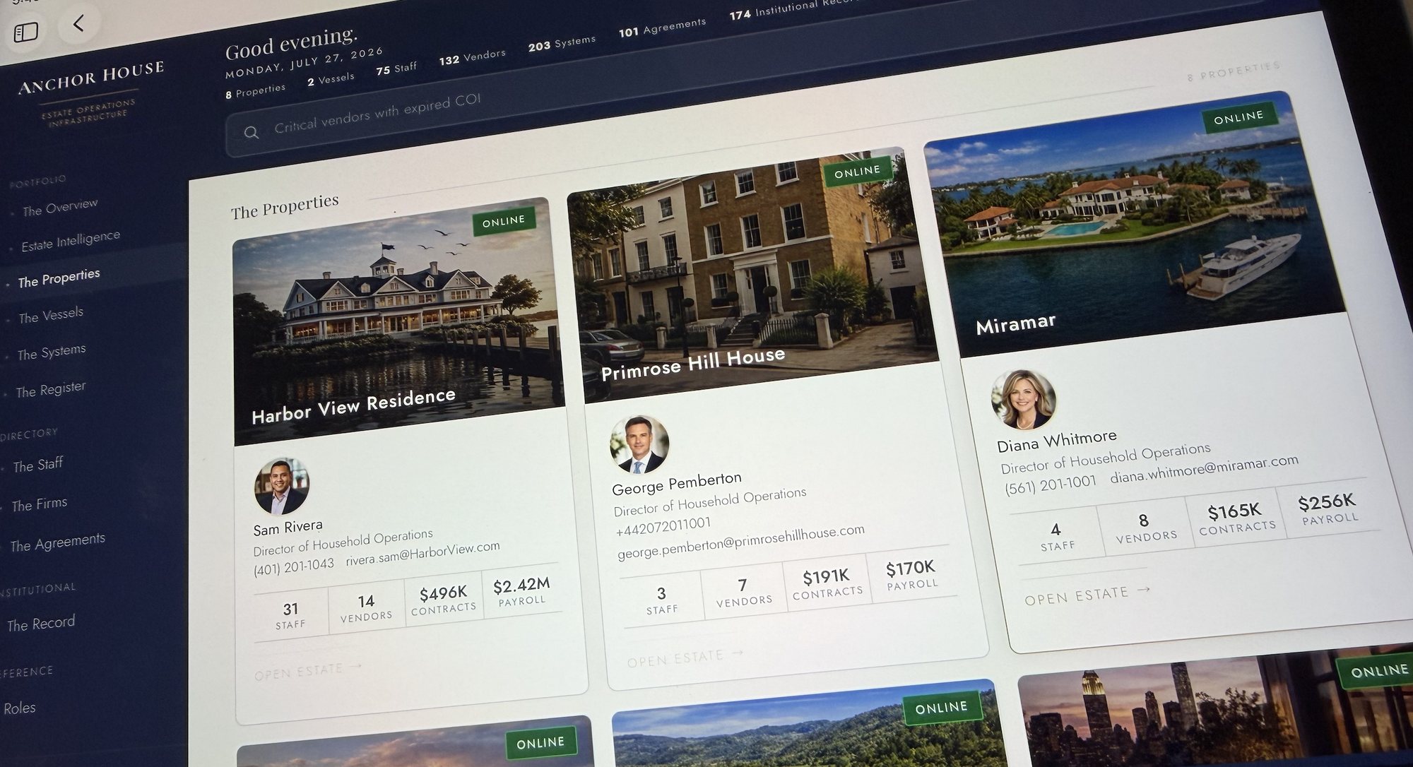 The Anchor House estate record — The Properties portfolio open on an iPad, showing multiple estates with their directors and operational figures.